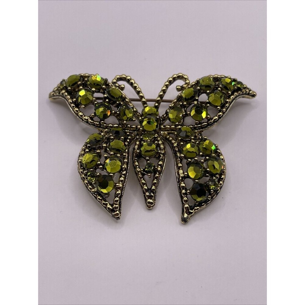 Large Vintage Retro/MCM Weiss Green Crystal Rhinestone Butterfly Pin Brooch E7